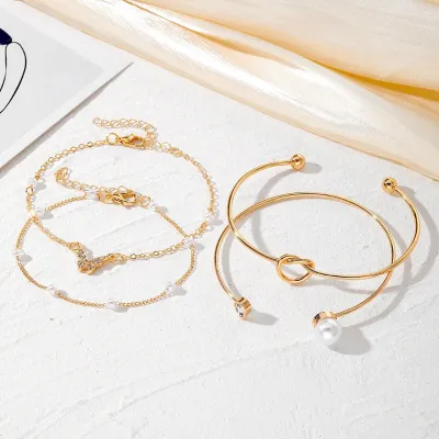 Pearl Butterfly Heart Open Bangle Bracelets Set